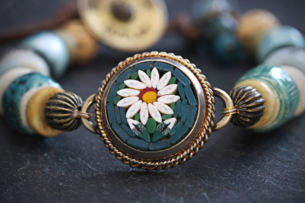 Labradorite Pottery Bracelet Belgian Coin  Carved Bone Ancient Bead Upcycled Assemblage&nbsp;Jewelry