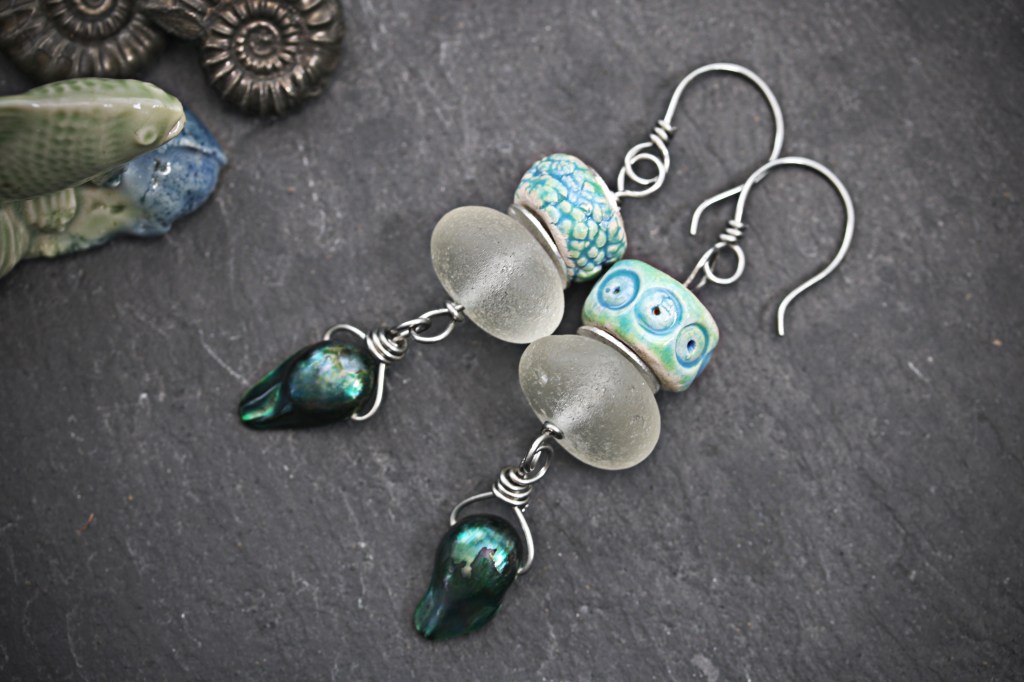 Gaudi Inspired Asymmetrical Sea Glass, Baroque Pearls and Ceramic Bead&nbsp;Earrings