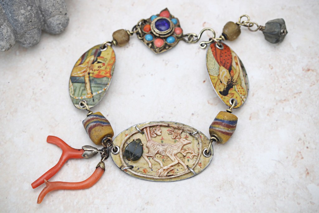 Assemblage Bracelet Vintage Tin, Antique Krobo Beads and Salvaged Coral&nbsp;Dangles